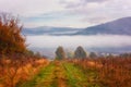 Amazing nature, scenic autumn landscape with misty mountains, colorful autumnal grass and trees and blue sky with clouds Royalty Free Stock Photo