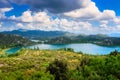 Amazing nature, scenic summer landscape with emerald lakes, mountains and blue cloudy sky, Bacina Lakes Bacinska jezera, Croatia Royalty Free Stock Photo