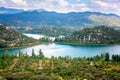 Amazing nature, scenic summer landscape with emerald lakes, mountains and blue cloudy sky, Bacina Lakes Bacinska jezera, Croatia Royalty Free Stock Photo