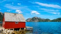 Amazing nature view with beautiful houses on the shore of the fjord. Location: Forsand, Norway, Europe. Artistic picture. Beauty