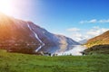 Amazing nature view with fjord and mountains. Beautiful reflection. Location: Scandinavian Mountains, Norway.