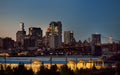 Amazing New York City Manhattan skyline panorama view over Hudson River at dusk. Brooklyn bridge Royalty Free Stock Photo