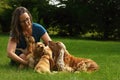 Amazing, newborn and cute red English Cocker Spaniel puppies with her mother in human hug Royalty Free Stock Photo