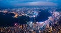 Amazing night aerial view of cityscape of Victoria Harbour, center of Hong Kong