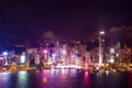 Amazing night aerial view of cityscape of Victoria Harbour, center of Hong Kong, asia