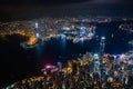 Amazing night aerial view of cityscape of Victoria Harbour, center of Hong Kong