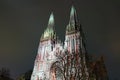 Amazing night illuminated view of the Saint Nicholas Roman Catholic Cathedral House of Organ Music