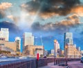 Amazing night lights of Canary Wharf buildings as seen from across the river, London Royalty Free Stock Photo