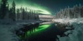amazing night panoramic view mountain lake with Northern Lights Royalty Free Stock Photo