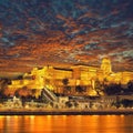 Amazing night scene with view at river Danube and famous building of Hungarian Parliament Royalty Free Stock Photo