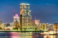 Amazing night skyline of Canary Wharf with river reflections, Lo Royalty Free Stock Photo