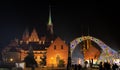 Amazing night view on beautiful illuminated Tumski bridge and Cathedral of St. John the Baptist. Wroclaw