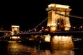 Amazing night view of the illuminated Chain Bridge close-up. Beautiful vintage lantern. Budapest Royalty Free Stock Photo