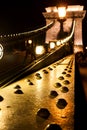 Amazing night view of the illuminated Chain Bridge close-up. Beautiful vintage lantern. Budapest Royalty Free Stock Photo