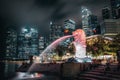 Amazing night view of an illuminated statue in Merlion park, Singapore