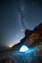 Milky Way galaxy over a tent at a sandy beach