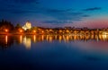 Amazing nightscape of Exaltation of Cross Church over the Ternopil pond, Ternopil, Ukraine Royalty Free Stock Photo