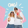 Amazing Offer. Shocked interracial couple with popcorn, amazed man and woman wearing 3d glasses watching movie, standing Royalty Free Stock Photo
