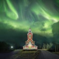 Northern lights in Lofoten islands, Norway. Green Aurora borealis. Starry sky with polar lights. Night winter landscape in night. Royalty Free Stock Photo