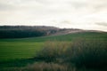 Amazing open space with field full of green, bright blue sky with sun hiding behind clouds and shadows on field with Royalty Free Stock Photo