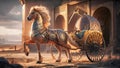 amazing opulent noble horse with long tail and mane in golden armor carring chariot. paint in ancient oriental style. Digital