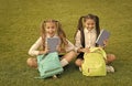 Amazing outdoor library. Happy children pick up library books. Lending library. School library. Literature and language Royalty Free Stock Photo