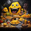 Amazing painting art of a clown with a large face with food, cartoon compositions text and emoji installations. Generative AI