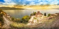 Amazing pano of Sveti,Saint Jovan Kaneo Church on Lake Ohrid at sunset Royalty Free Stock Photo