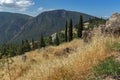 Amazing Panorama of Amphitheatre in Ancient Greek archaeological site of Delphi, Greece Royalty Free Stock Photo