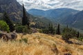 Amazing Panorama of Amphitheatre in Ancient Greek archaeological site of Delphi, Greece Royalty Free Stock Photo