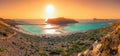 Amazing panorama of Balos Lagoon with magical turquoise waters, lagoons, tropical beaches of pure white sand and Gramvousa island Royalty Free Stock Photo