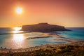 Amazing panorama of Balos Lagoon with magical turquoise waters, lagoons, tropical beaches of pure white sand and Gramvousa island