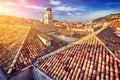 Amazing panorama Dubrovnik Old Town roofs at sunset. Croatia