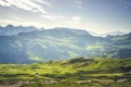 Amazing panorama of French Alps, part of famous trek Chamonix Mont Blanc in the backround.. View of French mountains in summer hik