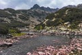 Amazing Panorama of Rocky peaks and Upper Muratovo lake, Pirin Mountain Royalty Free Stock Photo