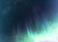 Amazing panorama of Scenic Aurora Borealis stripes glow under Milky Way stars and galaxies, photo taken vertically up, just green