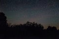 Amazing panorama of stars in the night sky with the Milky Way over the forest . starry sky. night shooting