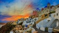 Amazing panorama sunset view with white houses in Oia village on Royalty Free Stock Photo