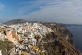 Amazing panorama to town of Fira and Prophet Elias peak, Santorini island, Thira, Greece Royalty Free Stock Photo