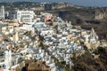 Amazing panorama to town of Fira and Prophet Elias peak, Santorini island, Thira, Greece Royalty Free Stock Photo