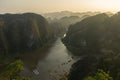 Amazing panorama view of limestone rocks and mountaintops from Hang Mua Temple at evening. Ninh Binh, Vietnam. Travel landscapes