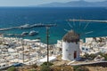 Amazing Panorama of white windmill and island of Mykonos, Greece Royalty Free Stock Photo