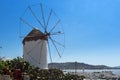 Amazing Panorama of white windmill and island of Mykonos, Greece Royalty Free Stock Photo