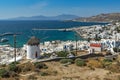 Amazing Panorama of white windmill and island of Mykonos, Greece Royalty Free Stock Photo