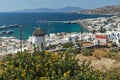 Amazing Panorama of white windmill and island of Mykonos, Greece Royalty Free Stock Photo