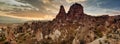 Amazing panoramic aerial view of hot air balloons at sunrise in Goreme National Park.Uchisar Castle. Cappadocia.Turkey. Royalty Free Stock Photo