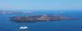 Amazing panoramic banner view from Santorini Island with the caldera of volcano and cruise ships in the Mediterranean sea, Greece Royalty Free Stock Photo