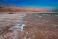 Amazing panoramic Dead Sea with blue and teal colors shot on the beach line Royalty Free Stock Photo