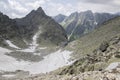 Amazing panoramic hikers view to the valley with cottage in High Tatra mountais on the way to mount Rysy