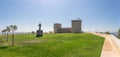 Amazing panoramic inside view at the OurÃÂ©m medieval Castle, with D. Nuno ÃÂlvares Pereira statue and ruins Palace and fortress,